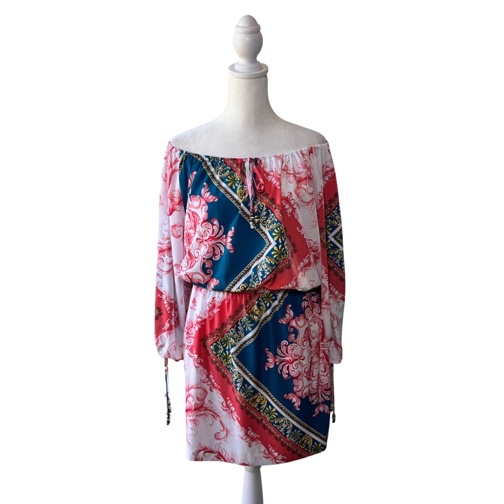 Y2K Cache Off the Shoulder Tassel Dress Size M Paisley Slit Sleeve Vintage 90s